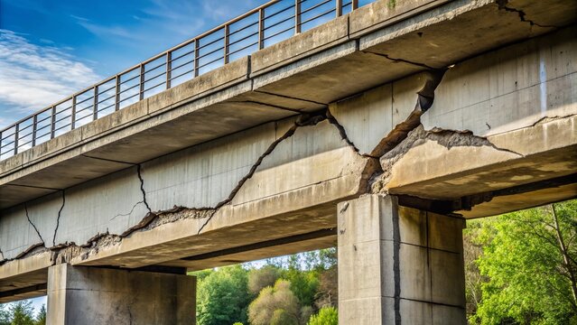 Cracked concrete bridge support with visible signs of damage , damaged, structure, infrastructure, decay, deterioration