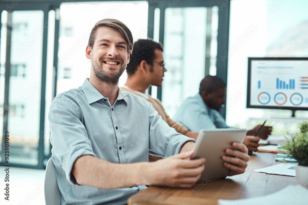 Aufkleber happy, businessman and portrait in office with tablet by website design company for brand identity. 