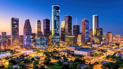 Fototapeta premium Stunning skyline view of Houston, Texas illuminated at dusk, showcasing modern skyscrapers and vibrant city lights.