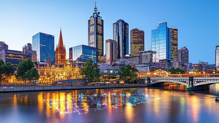 Obraz premium Vibrant city skyline of Melbourne at dusk, showcasing modern architecture reflecting in the calm waters.