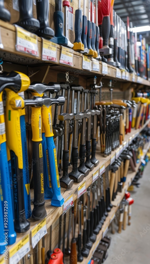 Poster well-organized hardware store aisle displaying various hammers for easy customer selection