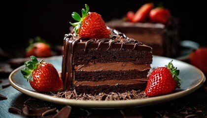 A slice of rich chocolate cake with layers of dark chocolate ganache, topped with chocolate shavings and a side of fresh strawberries
