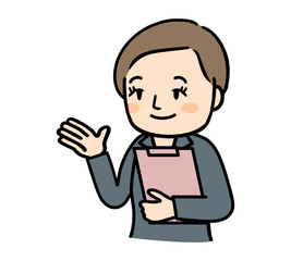 案内をするスーツ姿の中年女性