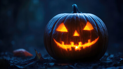 Fototapeta premium glowing halloween pumpkin on dark background, high quality image