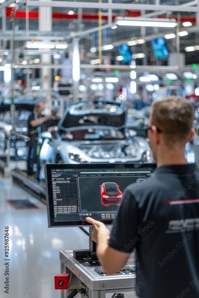 Aufkleber engineer reviewing production schedule on digital screen at busy automobile assembly line