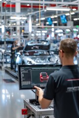 Fototapeta premium Engineer Reviewing Production Schedule on Digital Screen at Busy Automobile Assembly Line