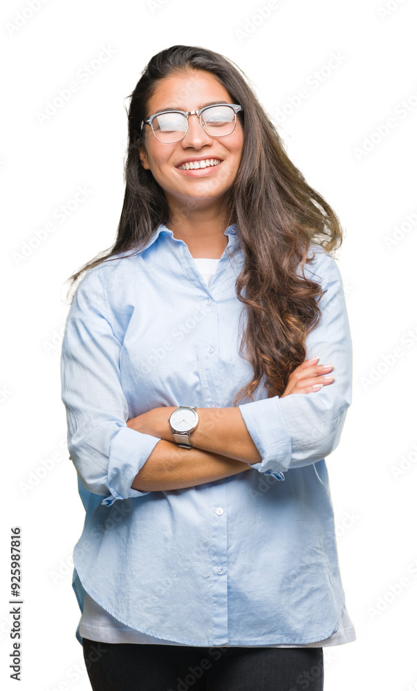 Poster Young beautiful arab woman wearing glasses over isolated background happy face smiling with crossed arms looking at the camera. Positive person.