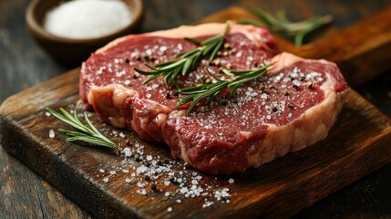 Raw Steak with Salt, Pepper, and Rosemary