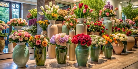 Beautiful variety of large vases filled with fresh flowers in a shop display, vase, flowers, fresh, beautiful, variety
