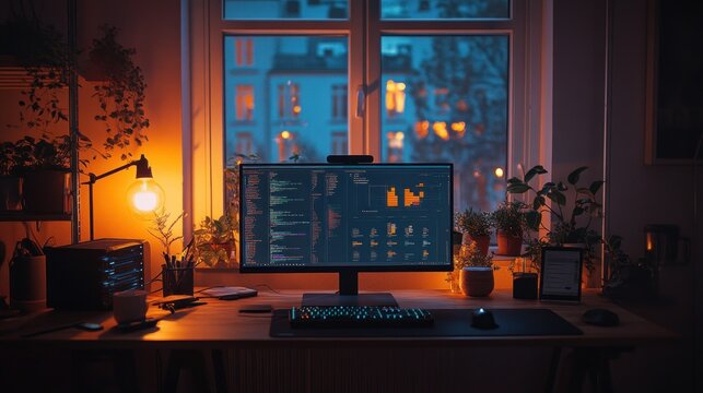 Cozy workspace at night featuring a computer screen with coding and data visualizations. The desk is illuminated by a warm lamp, surrounded by plants.