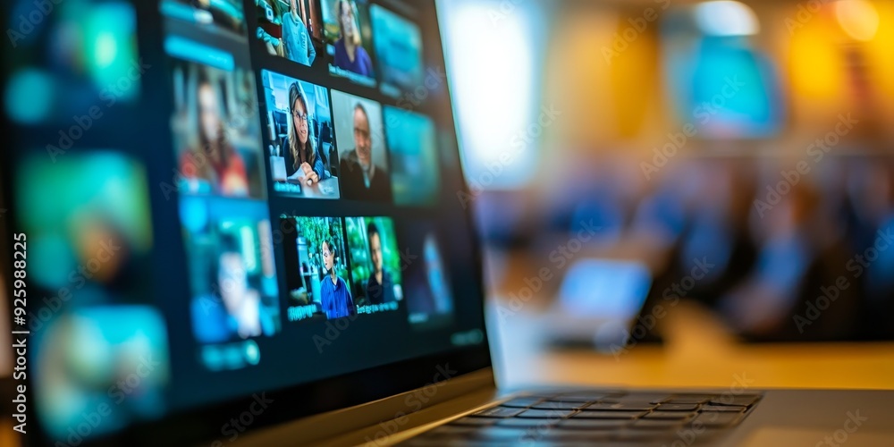 Aufkleber close-up of a laptop screen displaying a virtual classroom with live video feeds and presentation sl