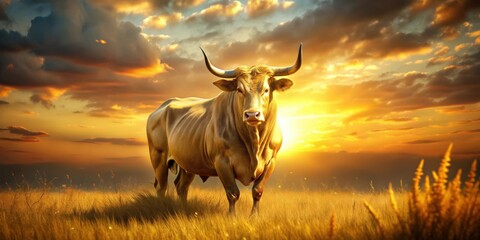 Majestic golden bull in a sun-kissed meadow, horns gleaming , majestic, golden, bull, sun-kissed, meadow, horns, gleaming