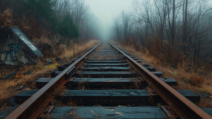 An overgrown railway track stretches into the fog, flanked by dense autumn trees, evoking a sense of abandonment and forgotten journeys.