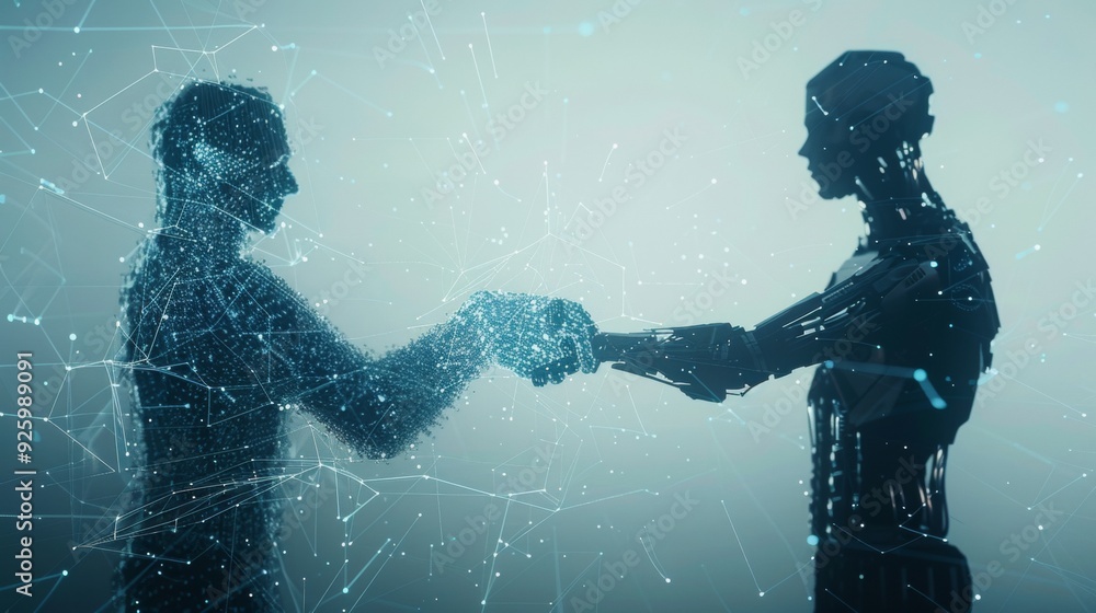 Poster a digital human figure shaking hands with a robot in a virtual environment, symbolizing the fusion o