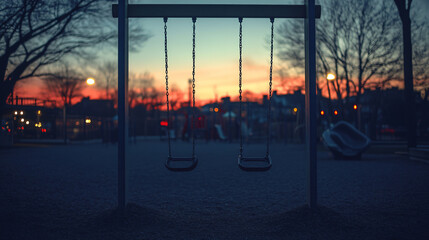 A lonely swing set silhouetted against a colorful dusk sky in an empty playground, capturing the quiet and nostalgic mood of an abandoned evening.