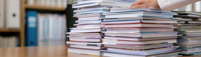 Stacks of published HIVAIDS journals, neatly organized on a wooden desk with a researcher s hand reaching for a volume