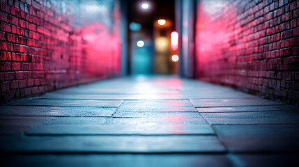Narrow alleyway illuminated by neon lights, creating a vibrant yet mysterious atmosphere in the heart of the city at night.