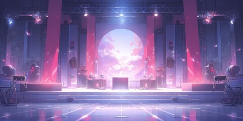 Enchanting Anime-Style Stage Show: A Magical Performance Under Spotlights, Wooden Floor, and Curtains with Plants, Embracing Performance Art, Abstract Concepts, and Game Art for Storybooks, Comic Book