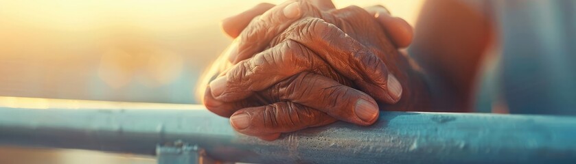 Close-up of hands gripping a support railing, symbolizing the strength and determination of an HIVAIDS survivor