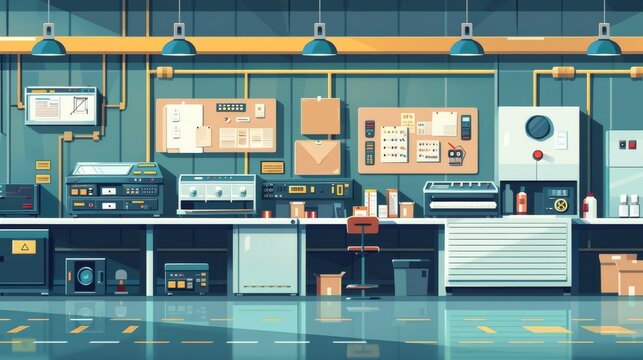 Creative vector illustration of a factory with various lean tools like Kanban boards, 5S methodology, and value stream mapping