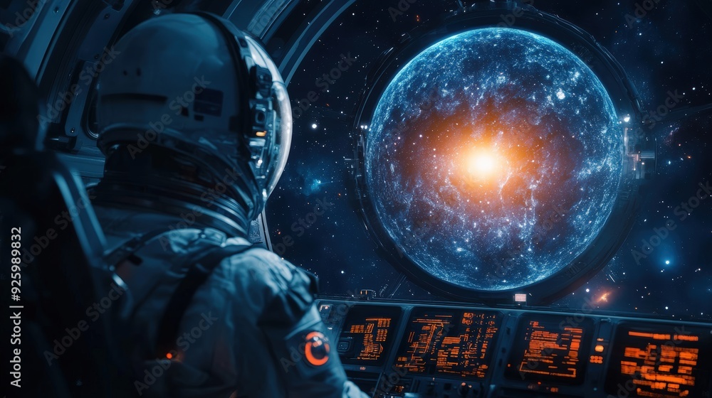 Poster astronaut looking out of spaceship window at a galaxy.