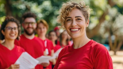 Diverse group of volunteers in red shirts, distributing HIVAIDS awareness pamphlets, a vibrant community support scene in a public park