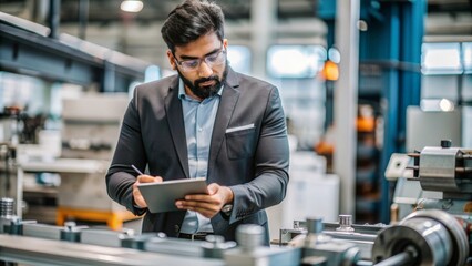 An Indian quality inspector examining parts and machinery in a manufacturing workshop.
