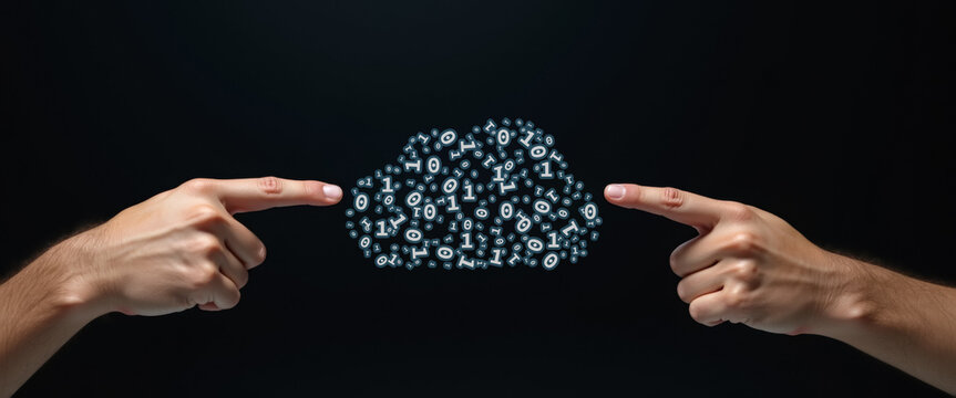 Hands pointing to cloud of numbers zero and one - binary code - illustration of data storage, serverless architecture and cloud computing.