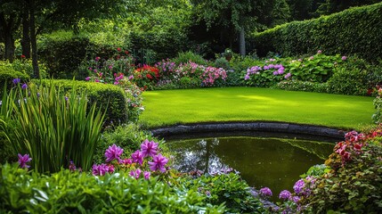 Obraz premium Serene Garden Oasis: Lush greenery, vibrant blooms, and a tranquil pond create a picturesque garden scene. Perfect for relaxation and tranquility. 