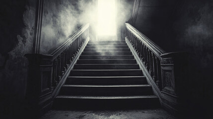 A dark eerie staircase leading to a bright, mysterious light, shrouded in fog, creating an atmosphere of suspense and intrigue.