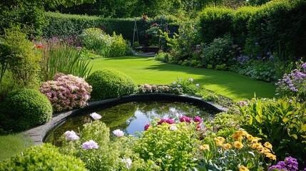 Obraz premium Serene Garden Oasis: A meticulously designed garden boasts a lush, vibrant landscape with a tranquil pond reflecting the sky. The scene evokes a sense of peace, tranquility, and natural beauty. 