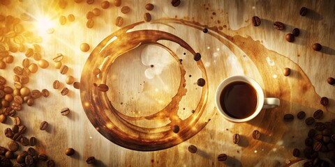 Obraz premium coffee ring splatters abstract expressionism morning light warm beige tone analog film grain nostalgic vintage coffee shop ambiance