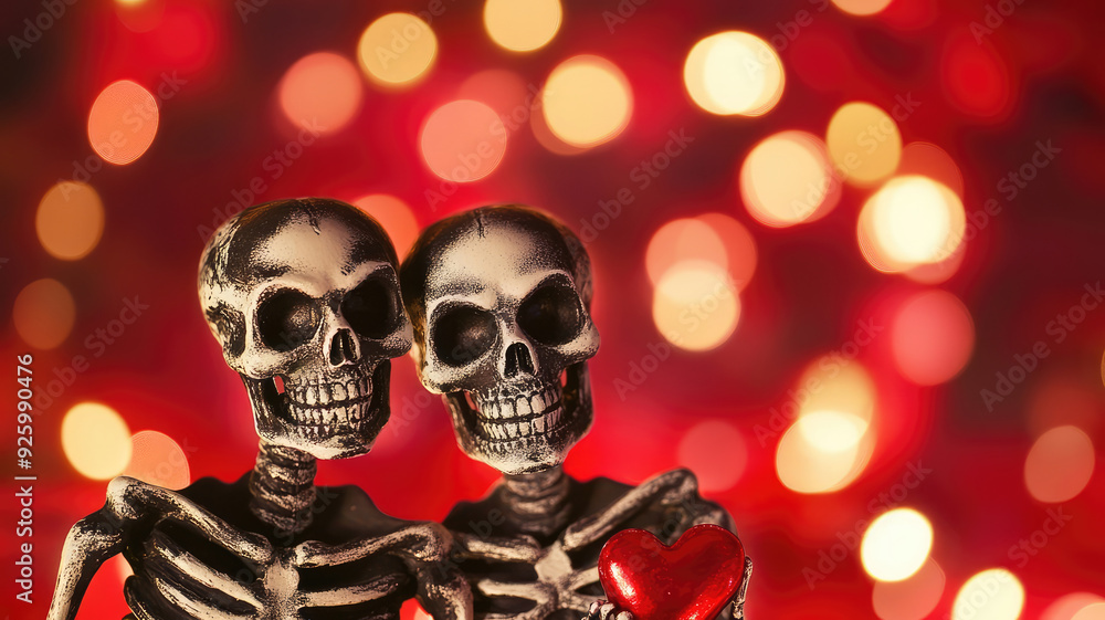 Wall mural valentines day background with two skeleton in bokeh background, detailed high definition image