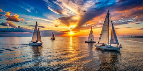 Yachts sailing gracefully towards the colorful sunset on a calm summer evening , yachts, sailboats, sunset, ocean, water