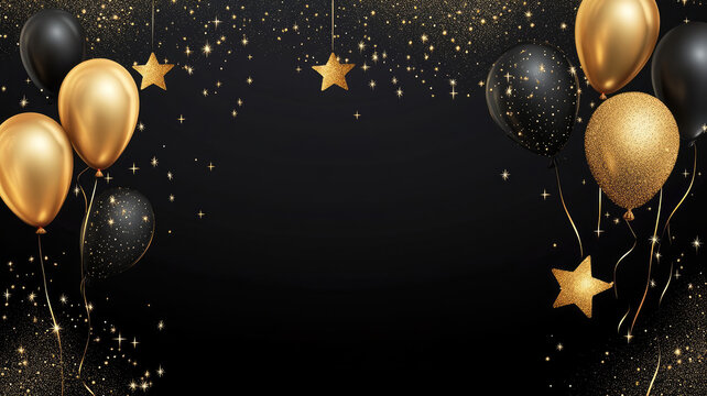 black and gold background with stars and balloons, detailed and intricate image