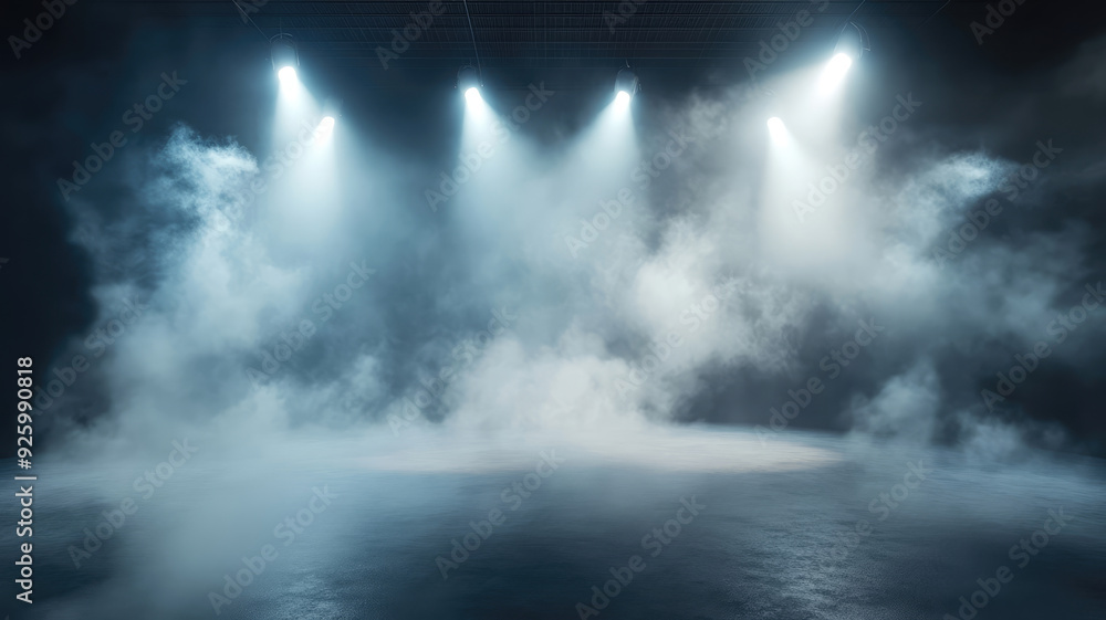 Wall mural empty room with smoke and spotlights. abstract background. 3d rendering, detailed and realistic imag