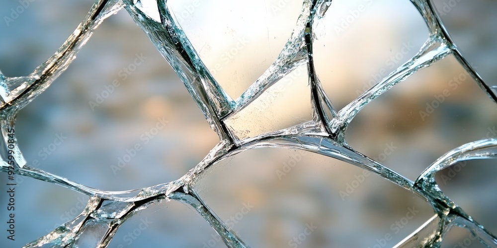 Poster macro shot of a cracked mirror with reflective fragments, illustrating the concept of self-perceptio