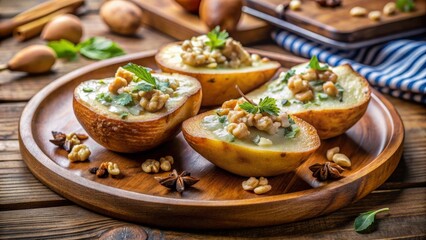 Mitades de peras rellenas de queso azul y nueces, servidas en un plato de madera en un ambiente rústico de cocina.