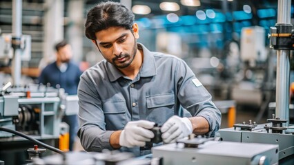 Fototapeta premium An Indian assembly worker focused on assembling parts and products in a busy manufacturing plant. 