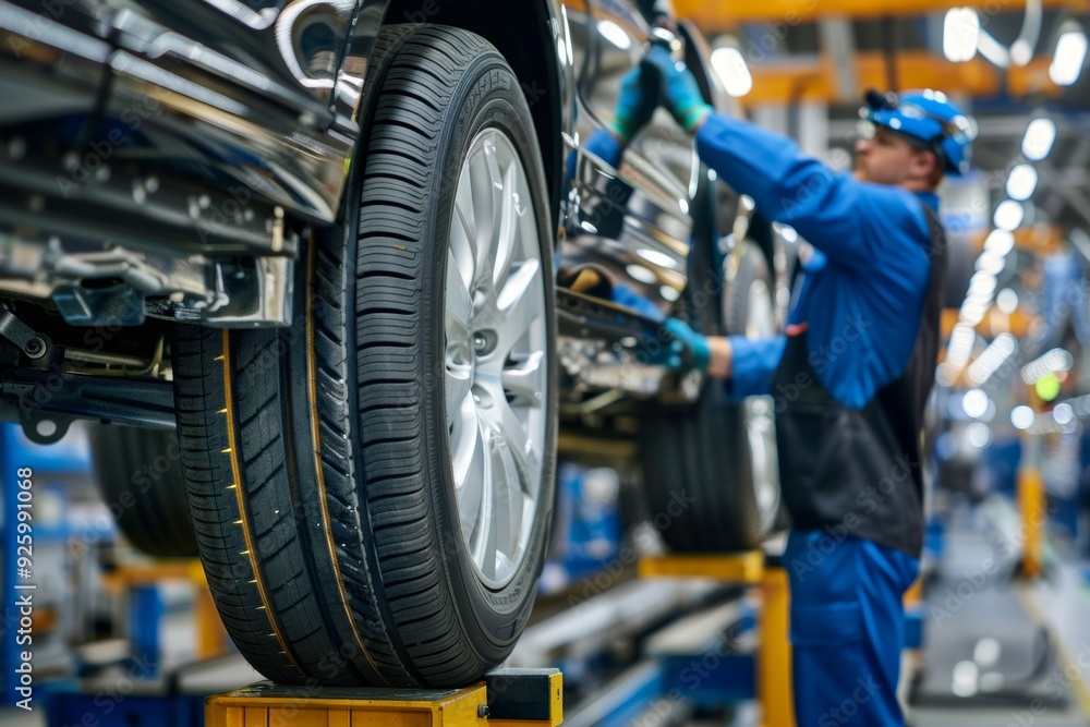 Poster automated car manufacturing process with robotic arm and worker installing tires in modern factory