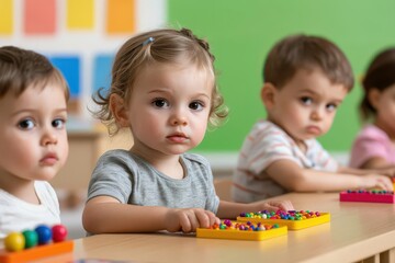 Fototapeta premium A bright classroom scene with children engaged in various learning activities, such as counting with beads or using educational toys, illustrating cognitive development