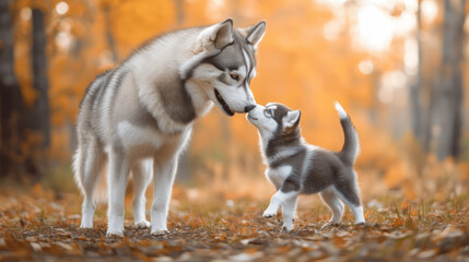 Obraz premium A playful baby husky gently tugs on its big brother's tail, showcasing the adorable bond between the young and mature canines. --ar 16:9 --v 6.1 Job ID: 7a8a7ecf-2b67-4f2a-8627-313ecd3598b4