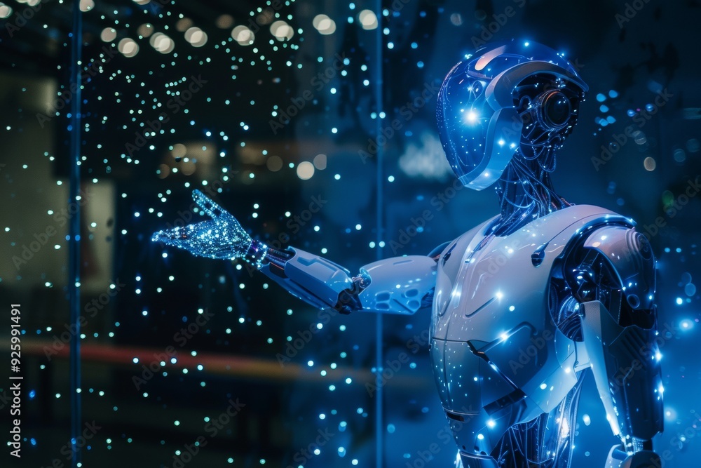 Poster a futuristic robot reaches out towards floating digital particles, symbolizing advanced technology, 