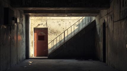 A stark, gritty stairwell with a weathered red door, illuminated by harsh light, creating a moody and industrial atmosphere