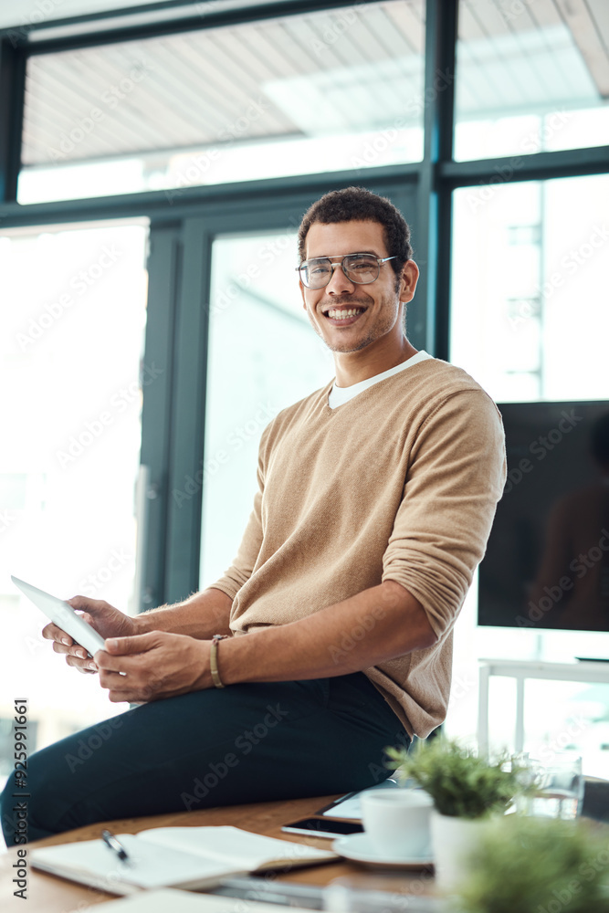 Poster happy, businessman and portrait with tablet on desk by website design company for brand identity. ma