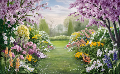 Naklejka premium A scene of a spring garden blooming with a variety of flowers, focusing on the colors and fragrances., illustration