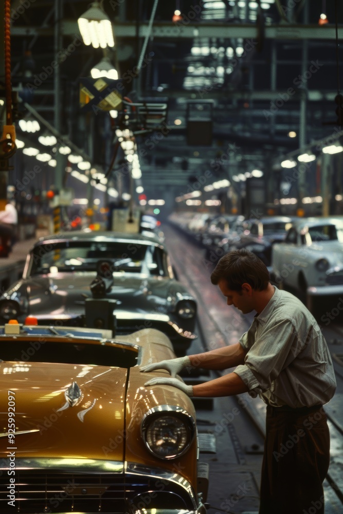 Poster engineer calibrating machinery in high-tech automobile factory for precision manufacturing