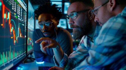 Three professionals focus on a glowing screen, discussing stock market trends amidst vibrant data visualizations