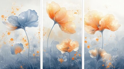 Abstract Floral Triptych with Blue and Gold Tones.