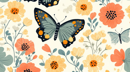 flowers and butterflies pattern, highly detailed image